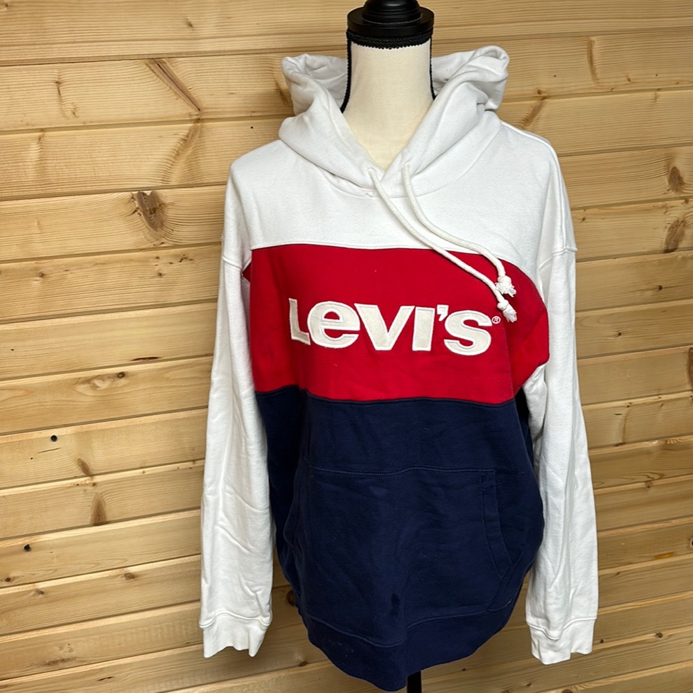 Levi’s hooded sweatshirt. White blue and red strips